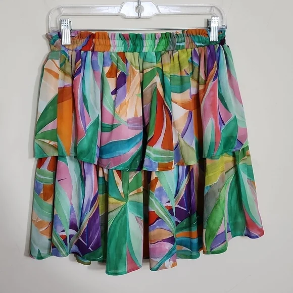 Lavender Brown Ruffled Tiered Tropical Print MultiMini Skirt